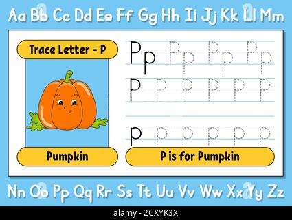 Buchstaben verfolgen. Schreibpraxis. Arbeitsblatt zur Ablaufverfolgung für Kinder. Alphabet lernen. Niedlicher Charakter. Vektorgrafik. Cartoon-Stil. Stock Vektor