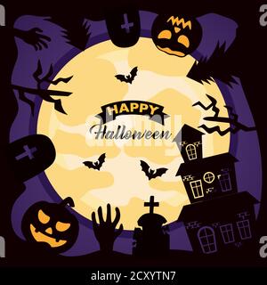 Happy halloween Feier Schriftzug mit Mond und Friedhof Szene Vektor Illustrationsdesign Stock Vektor