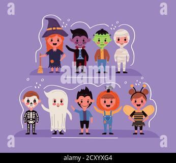 Gruppe von Kindern mit halloween Kostüme Figuren Vektor Illustration Design Stock Vektor