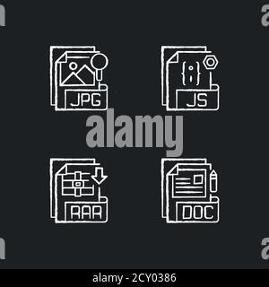 Dateitypen Kreide weiße Symbole auf schwarzem Hintergrund gesetzt Stock Vektor