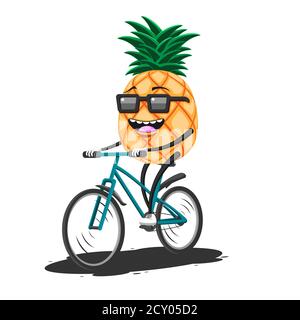 Cartoon Ananas in Sonnenbrille Reiten ein Fahrrad auf einem weißen isolierten Hintergrund. Vektorbild Stock Vektor