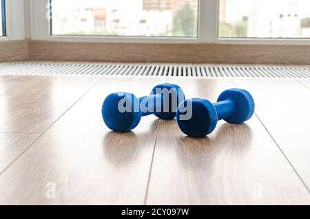Blaue Fitness-Hanteln liegen auf dem Boden gegen das Fenster. Sport Stockfoto