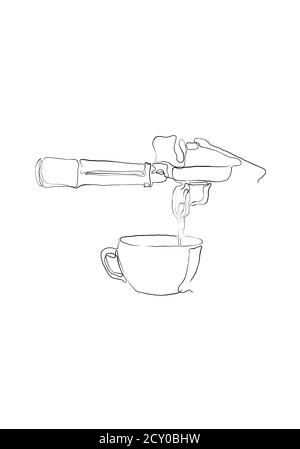 Kontinuierliche eine Linie Zeichnung der Tasse Kaffee und Maschine. Linie Café Illustration. Heißgetränk Kaffee oder Tee mit schönen Tasse und Strom Rauch Zeichnung Stockfoto