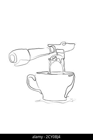 Kontinuierliche eine Linie Zeichnung der Tasse Kaffee und Maschine. Linie Café Illustration. Heißgetränk Kaffee oder Tee mit schönen Tasse und Strom Rauch Zeichnung Stockfoto