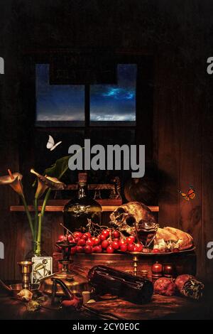 Santiago, Chile, Bodegón vanitas con elementos iconográficos pictóricos típicos del género. / Santiago, Chile, Stillleben Vanitas mit typischem Pictor Stockfoto