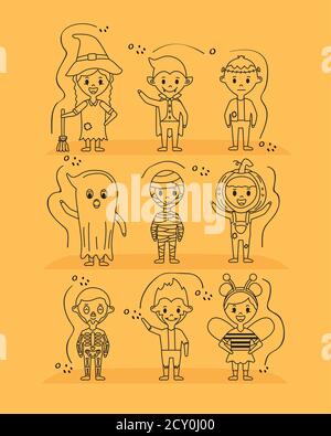 Gruppe von kleinen Kindern mit halloween Kostüme Figuren Vektor Illustration Design Stock Vektor