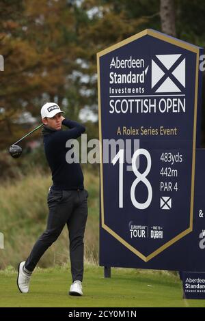 Südafrikas Brandon Stone am 18. Abschlag während der ersten Runde der Aberdeen Standard Investments Scottish Open im Renaissance Club, North Berwick. Stockfoto