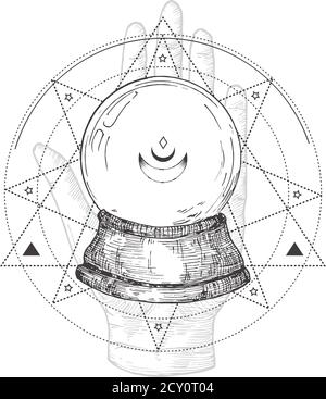 Abstraktes Okkult-Symbol, Vintage-Logo oder Tattoo-Vorlage. Handgezeichneter Glückskugel aus Kristall mit Handhand-Sketch-Symbol und geometrischer Mystik Stock Vektor