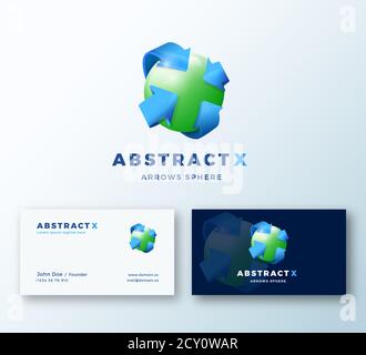 Volumetrische Kugel mit Pfeilen bilden Buchstaben X. Abstraktes Vektor-Logo und Visitenkartenvorlage. Premium Stationär Realistisch Mock Up. Stock Vektor