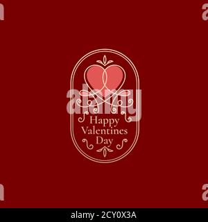 Valentines Day Abstraktes Curly Heart Label mit ovalem Retro-Rahmen und Vintage Typografie. Gold und Rot elegante Farben Grußlogo oder Kartenlayout. Stock Vektor