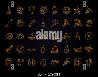 Icon-Set von mexikanischen Tag der Toten auf schwarzem Hintergrund, Linienstil, Vektor-Illustration Stock Vektor