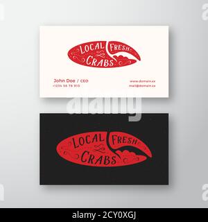 Lokale frische Krabben Zeichen, Symbol oder Logo und Visitenkarte Vorlage. Seafood Abstract Vektor Emblem oder Logo. Krabbenklaue mit Retro Typografie und Shabby Stock Vektor
