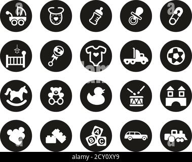 Baby Stuff Icons Weiß Auf Schwarz Flat Design Kreis Set Groß Stock Vektor