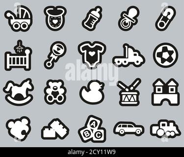Baby Stuff Icons Weiß Auf Schwarz Sticker Set Groß Stock Vektor