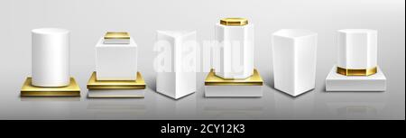 Weiße Podeste oder Podeste mit goldenem Sockel und hervorstehenden Teilen, abstrakte geometrische leere Museumsbühnen, Ausstellungsexponate. Galerieplattform, geometrische leere Produktständer, realistisches 3d-Vektor-Set Stock Vektor