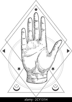 Abstraktes Okkult-Symbol, Vintage-Logo oder Tattoo-Vorlage. Handgezeichnete Handfläche Hand Sketch Symbol und geometrische Palmistry oder Chiromancy Mystical Magic Stock Vektor