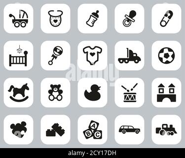 Baby Stuff Icons Schwarz & Weiß Flat Design Set Groß Stock Vektor