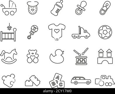 Babymaterial Symbole Thin Line Set groß Stock Vektor