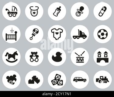 Baby Stuff Icons Schwarz & Weiß Flat Design Kreis Set Groß Stock Vektor