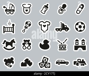 Baby Stuff Icons Schwarz & Weiß Sticker Set Groß Stock Vektor