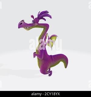 3D-Rendering eines niedlichen lustigen lila Drachen Charakter isoliert Auf weißem Hintergrund Stockfoto