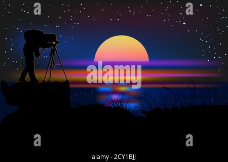 Fotograf mit Kamera Silhouette auf einem nächtlichen Hintergrund. Fotograf bei Nacht am Meer. Fotograf auf dem Hügel in der Dämmerung Zeit nach Sonnenuntergang shoo Stock Vektor