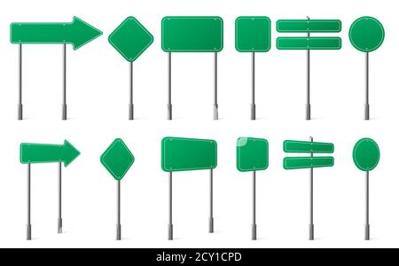 Grüne Straßenschilder verschiedene Formen auf Metallpfosten Front-und Winkelansicht. Vector realistische Satz von leeren Verkehrsschildern Boards Richtungen, Lage oder Hinweis auf Autobahn, Stadt Straße oder Auto Straße Stock Vektor