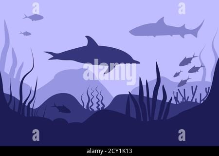 Meeresboden in abstraktem Stil auf tiefblauem Hintergrund. Meereslandschaft. Flacher Cartoon. Unterwasserwelt. Vorlage für Naturlandschaft. Schönes Poster für Stock Vektor