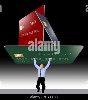 Ein Mann kämpft, um 3 riesige Kreditkarten, die Kreditkarten-Schulden darstellen zu halten. Stockfoto