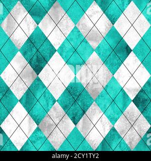 Nahtloses Karomuster mit Schottenmuster. Aquarell handgezeichnete teal grau weiß Textur Hintergrund. Aquarell Diamant Formen Hintergrund. Drucken für Stoffdesign Stockfoto