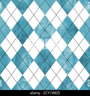 Nahtloses Karomuster mit Schottenmuster. Aquarell handgezeichnet blauweiß Textur Hintergrund. Aquarell Diamant Formen Hintergrund. Drucken für Stoffdesign Stockfoto