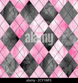 Nahtloses Karomuster mit Schottenmuster. Aquarell handgezeichnet schwarz grau rosa Textur Hintergrund. Aquarell Diamant Formen Hintergrund. Drucken für Stoffdesign Stockfoto