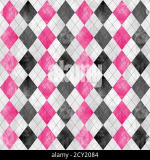 Nahtloses Karomuster mit Schottenmuster. Aquarell handgezeichnet schwarz grau weiß rosa Textur Hintergrund. Aquarell Diamant Formen Hintergrund. Drucken für Tuch Stockfoto