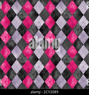 Nahtloses Karomuster mit Schottenmuster. Aquarell Hand gezeichnet schwarz lila rosa Textur Hintergrund. Aquarell Diamant Formen Hintergrund. Drucken Sie für Stoffdesi Stockfoto