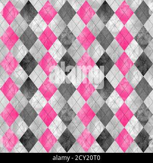 Nahtloses Karomuster mit Schottenmuster. Aquarell handgezeichnet schwarz grau weiß rosa Textur Hintergrund. Aquarell Diamant Formen Hintergrund. Drucken für Tuch Stockfoto