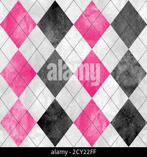Nahtloses Karomuster mit Schottenmuster. Aquarell handgezeichnet schwarz grau weiß rosa Textur Hintergrund. Aquarell Diamant Formen Hintergrund. Drucken für Tuch Stockfoto