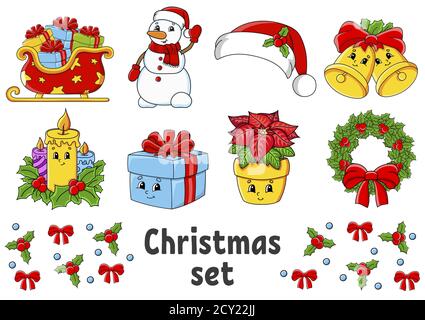 Set von Aufklebern mit niedlichen Comic-Figuren. Weihnachtsthema. Von Hand gezeichnet. Bunte Packung. Vektorgrafik. Patch Badges Kollektion. Etikettendesign e Stock Vektor