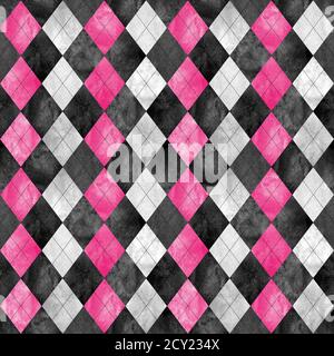 Nahtloses Karomuster mit Schottenmuster. Aquarell handgezeichnet schwarz grau rosa Textur Hintergrund. Aquarell Diamant Formen Hintergrund. Drucken für Stoffdesign Stockfoto