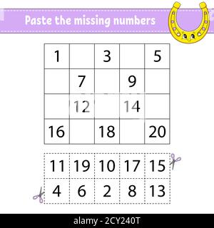 Fügen Sie die fehlenden Zahlen 1-20 ein. Spiel für Kinder. Handschrifterpraxis. Lernnummern für Kinder. Arbeitsblatt zur Entwicklung von Schulungen. Aktivitätsseite. Iso Stock Vektor