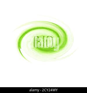 Bio Produkt Konzept Logo Design. Grünes Aquarell handgezeichnet Schild Emblem Plakat Welle auf weißem Hintergrund. Bio Design Vorlage Grunge Pinsel Textu Stockfoto