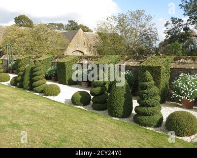 Blick auf den Topiary Walk im preisgekrönten Cotswolds-Garten im Bourton House in der Nähe von Moreton in Marsh. Stockfoto