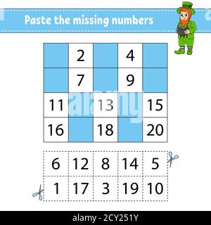 Fügen Sie die fehlenden Zahlen 1-20 ein. Spiel für Kinder. Handschrifterpraxis. Lernnummern für Kinder. Arbeitsblatt zur Entwicklung von Schulungen. Aktivitätsseite. Iso Stock Vektor