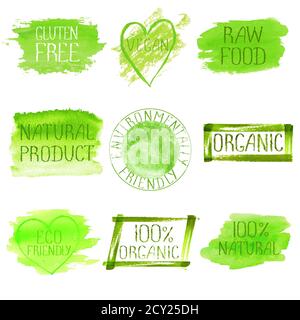 Grünes Aquarell Logo Design Vorlage Satz. Grünes Aquarell handgezeichnet Schild Emblem Plakat Banner-Set. Eco Konzept Design Vorlage Grunge Pinsel Stockfoto