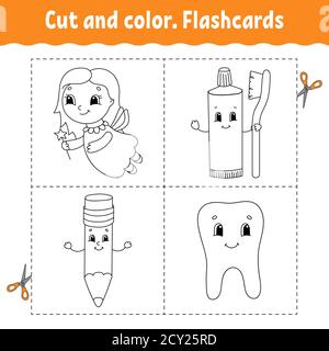 Schnitt und Farbe. Kartensatz. Bild für Kinder. Zeichentrickfigur. Stock Vektor