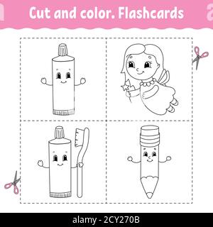 Schnitt und Farbe. Kartensatz. Bild für Kinder. Zeichentrickfigur. Stock Vektor