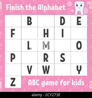 Das Alphabet fertig stellen. ABC-Spiel für Kinder. Arbeitsblatt zur Entwicklung von Schulungen. Lernspiel für Kinder. Aktivitätsseite Farbe. Stock Vektor