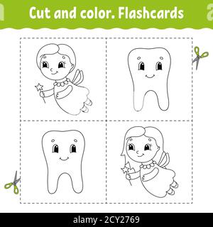 Schnitt und Farbe. Kartensatz. Bild für Kinder. Zeichentrickfigur. Stock Vektor