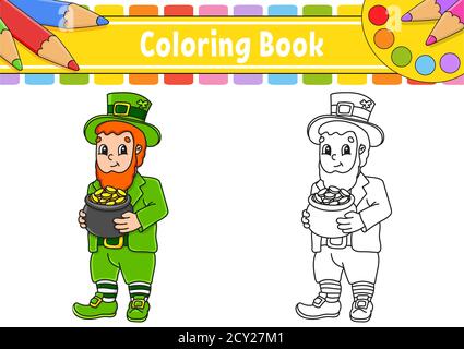 Bild für Kinder. St. Patrick's Day. Zeichentrickfigur. Vektorgrafik. Schwarze Kontur Silhouette. Isoliert auf weißem Hintergrund. Stock Vektor