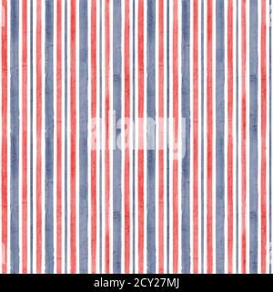 Aquarell Streifen bunt nahtlose Muster Textur Hintergrund. Aquarell handgezeichnet rot blau weiß gestreift abstrakt modern trendige Illustration. Pri Stockfoto