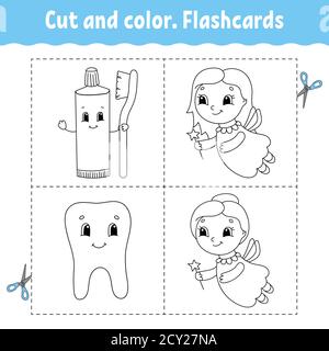 Schnitt und Farbe. Kartensatz. Bild für Kinder. Zeichentrickfigur. Stock Vektor